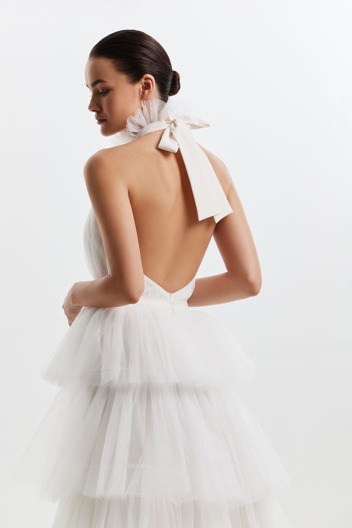 Backless Halter Neck Tie Up Frilled White Wedding Dress