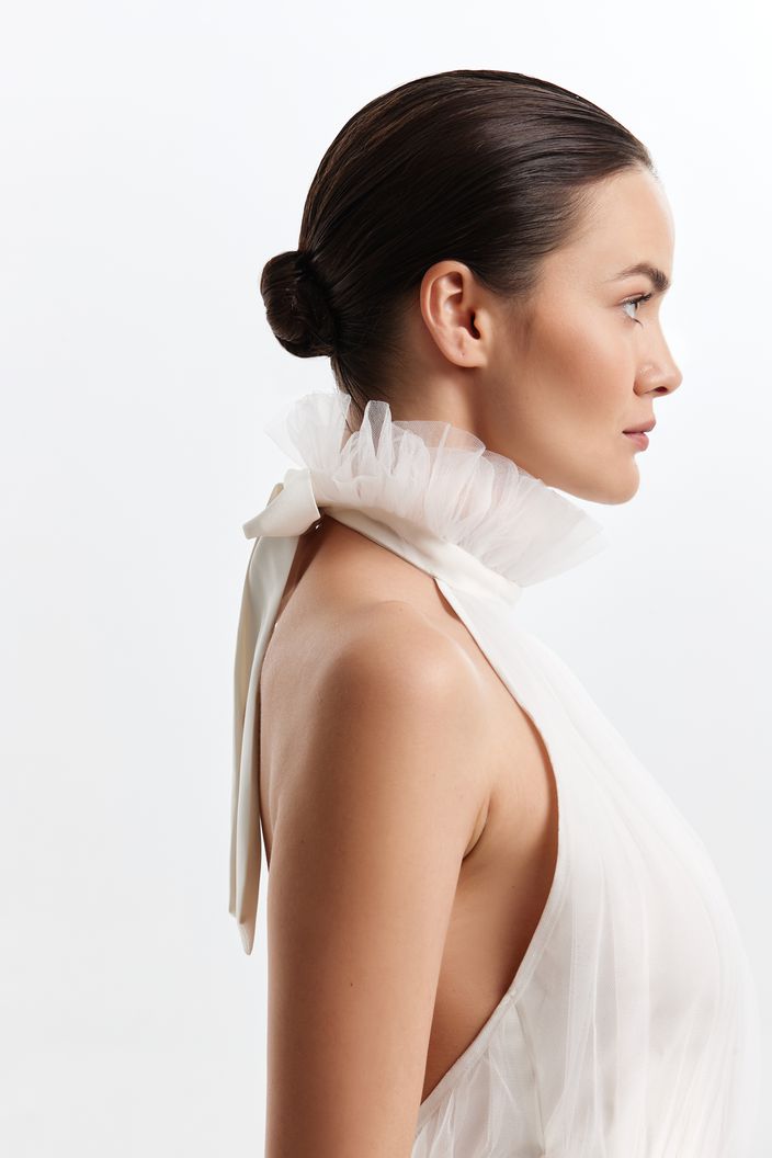Backless Halter Neck Tie Up Frilled White Wedding Dress| Wedding Gowns XXXL / White / Satin Backless Halter Neck Tie Up Frilled White Wedding Dress| Wedding Gowns XXXL / White / Satin