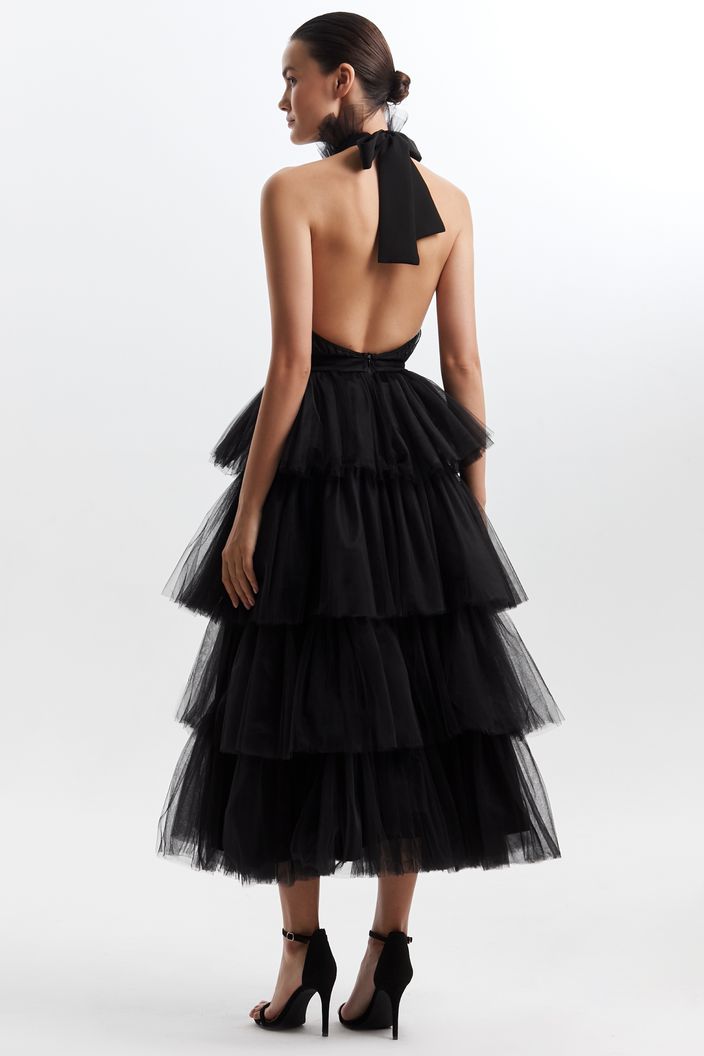 Black Halter Neck Tie Up frilled Evening Dress | Evening Dress M / Black Black Halter Neck Tie Up frilled Evening Dress | Evening Dress M / Black