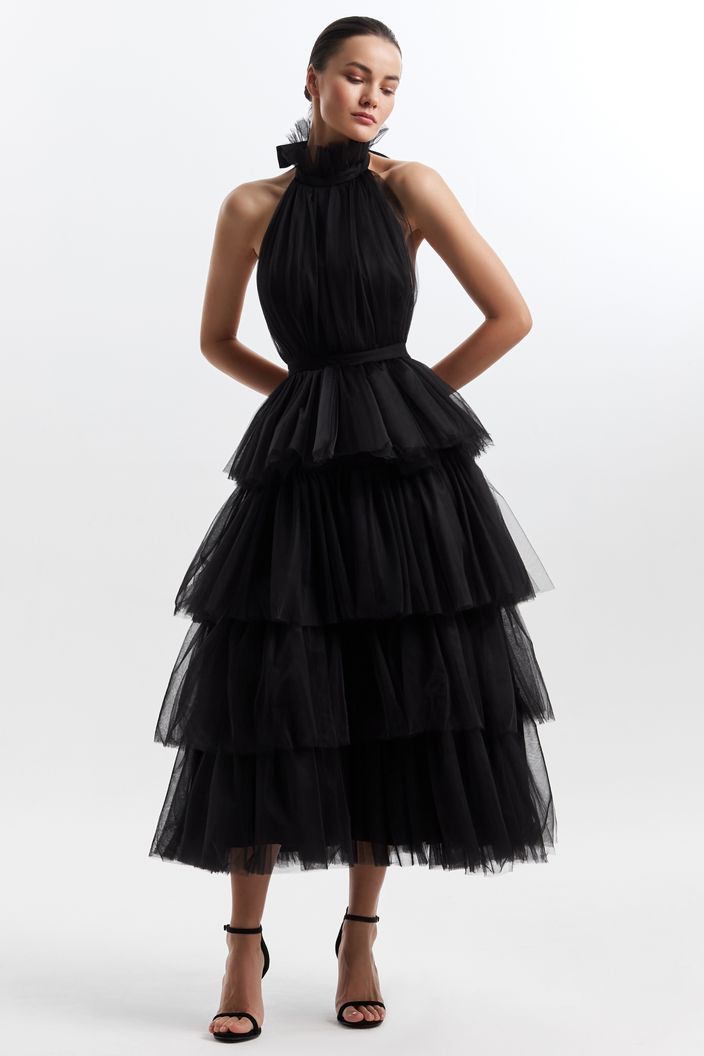 Black Halter Neck Tie Up frilled Evening Dress | Evening Dress M / Black Black Halter Neck Tie Up frilled Evening Dress | Evening Dress M / Black
