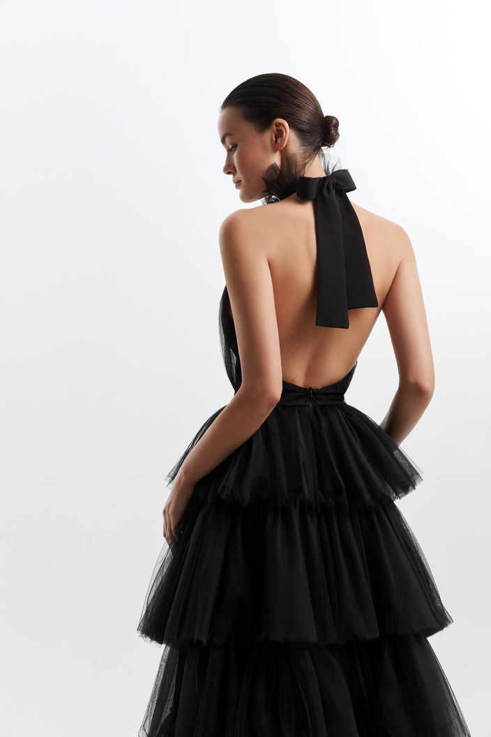 Black Halter Neck Tie Up frilled Evening Dress