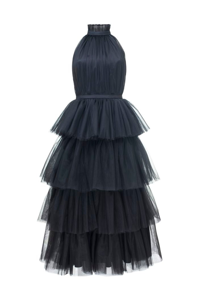 Black Halter Neck Tie Up frilled Evening Dress | Evening Dress M / Black Black Halter Neck Tie Up frilled Evening Dress | Evening Dress M / Black