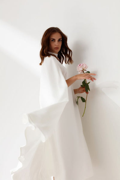 Falling Sleeves High Neck Column White Wedding Dress