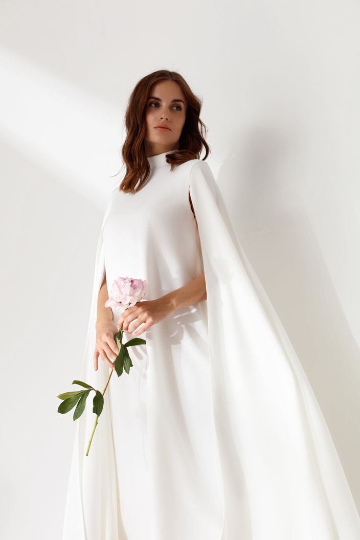 Falling Sleeves High Neck Column White Wedding Dress| Wedding Gowns L / White / Satin