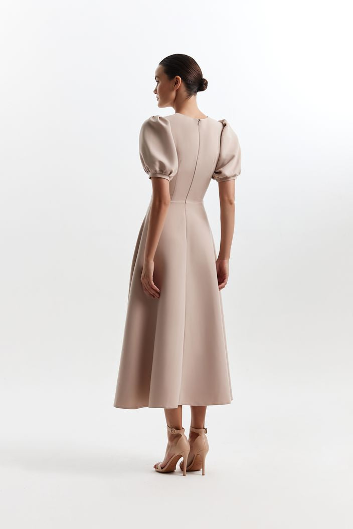  Off White High Neck And Puffy Sleeves Evening Dress