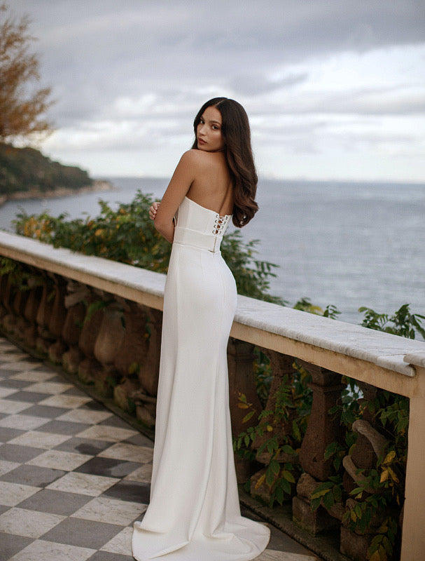 fitted lace wedding dress Sheer Corset Beaded Strapless Long Tight Prom Dress Silver Nude / 14 main image 0