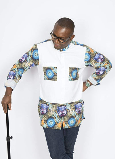 African Shirt Wolf D&D Print-African Men Shirts,African Wear for Men,White