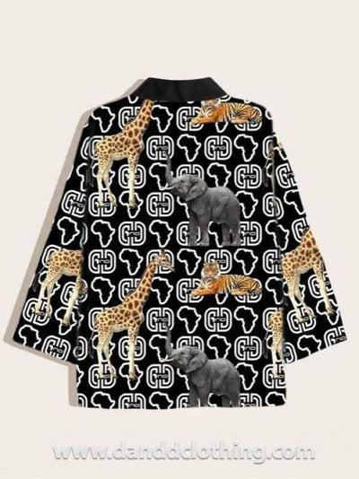 African Kimono Animals Black Print-African Wear for Men,AFRICAN WEAR FOR WOMEN,Black,Kimono
