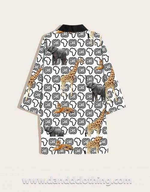 Long Kimono African White Animal Print-African Wear for Men,Kimono,White