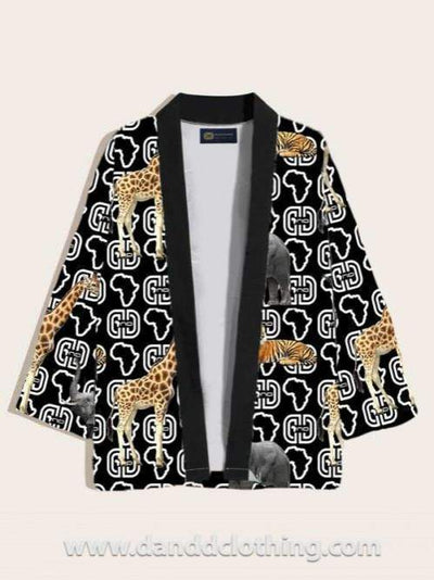 African Kimono Animals Black Print-African Wear for Men,AFRICAN WEAR FOR WOMEN,Black,Kimono