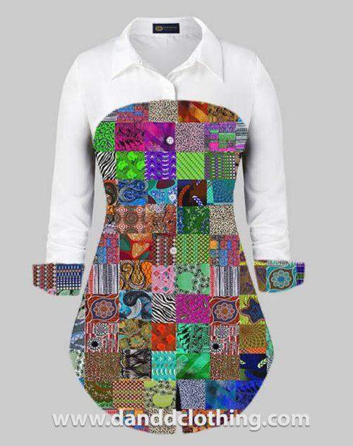 Long Office Shirt Colorful Patches-AFRICAN WEAR FOR WOMEN,Female Tops,Tops,White