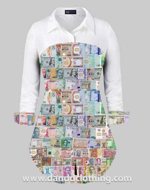 Long Office Shirt Money Print Shirt-AFRICAN WEAR FOR WOMEN,Female Tops,Tops,White