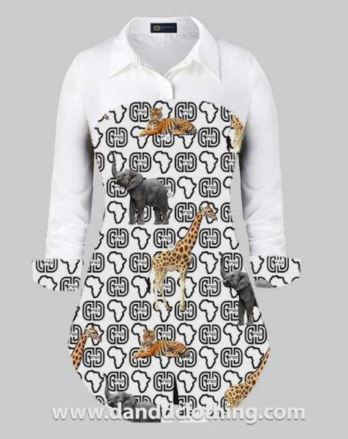 Long Office Shirt White Animal Print-AFRICAN WEAR FOR WOMEN,Female Tops,Tops,White
