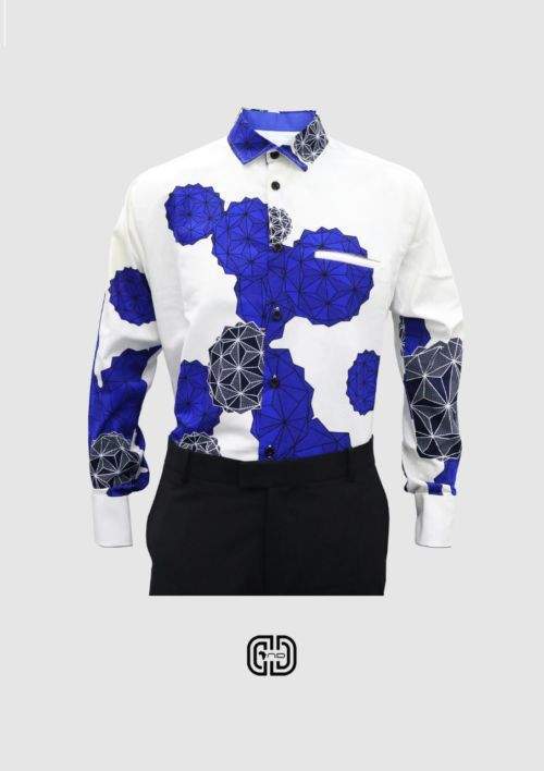 African Printed Shirt White/Blue-African Men Shirts,African Wear for Men,White