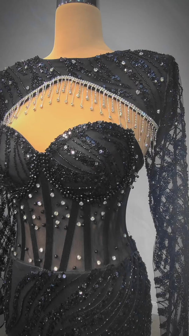 Black Shiny Evening Dress with Swarovski Stones