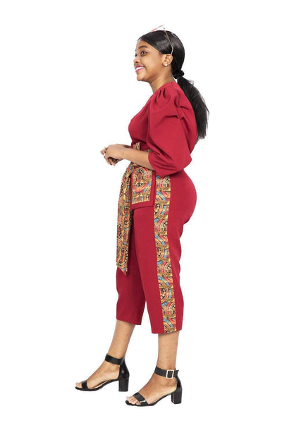 African Crocodile print 3/4 Jumpsuit - Red-danddclothing-AFRICAN WEAR FOR WOMEN,maroon,Women Jumpsuit