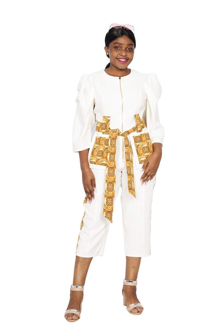 African Coin 3/4 Jumpsuit - White-danddclothing-AFRICAN WEAR FOR WOMEN,White,Women Jumpsuit