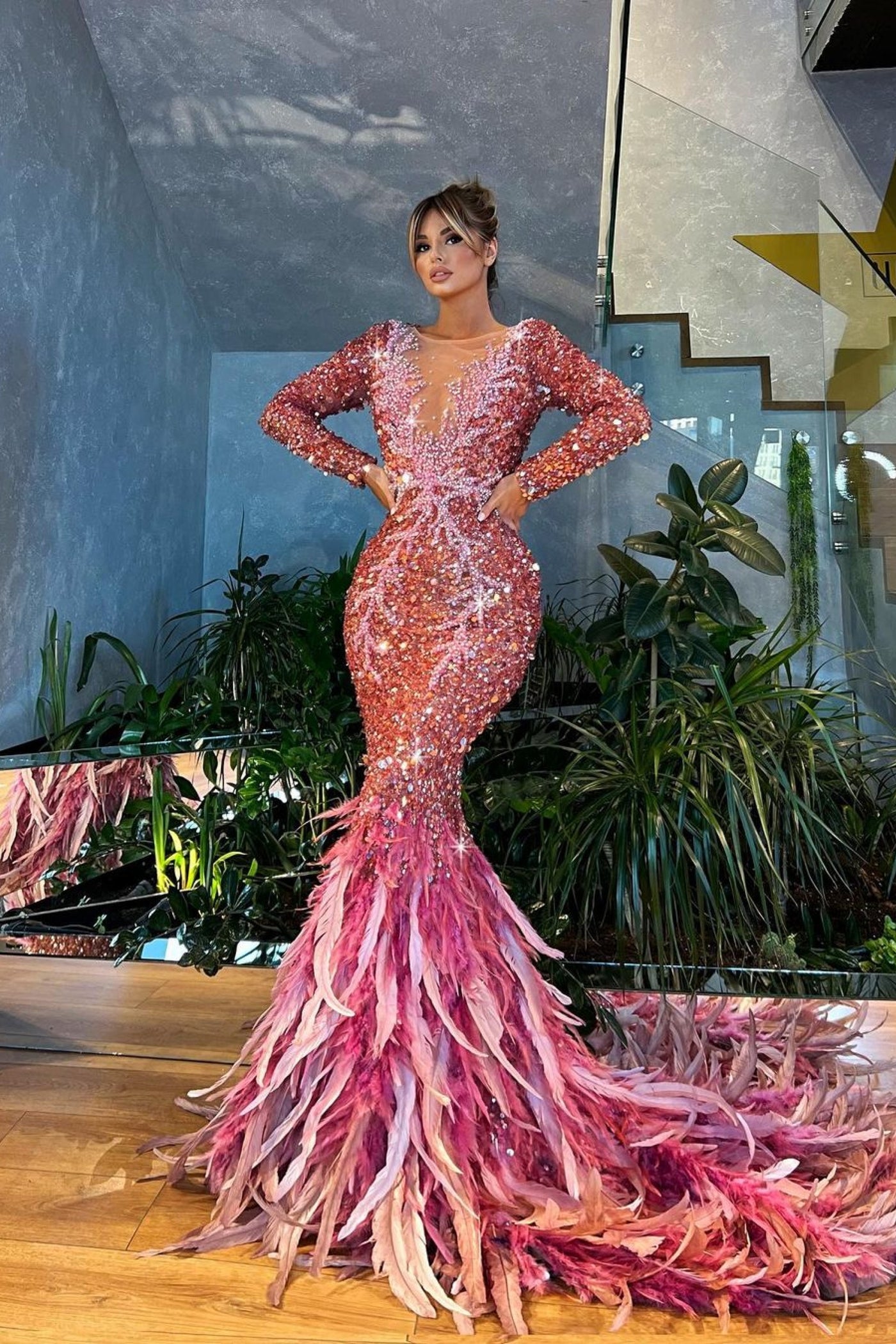 Pink Luxury Evening Dress with Feather