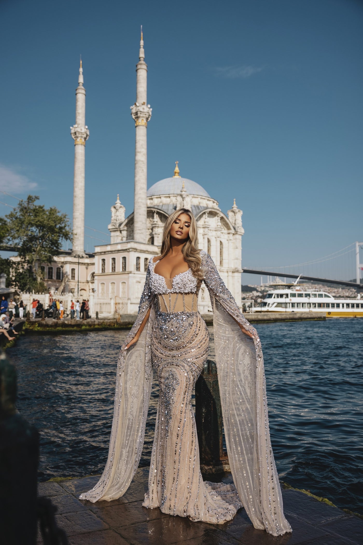 Luxury Silver Cape Evening Dress | Designer Gowns D&D Clothing Luxury Silver Cape Evening Dress | Designer Gowns D&D Clothing