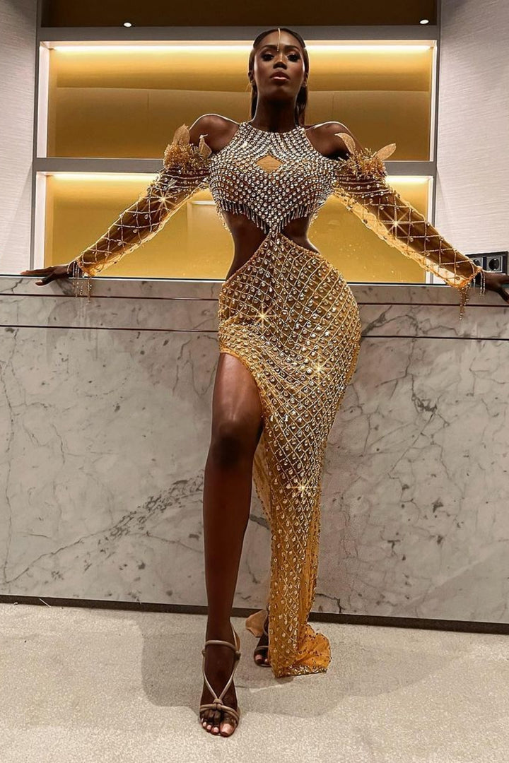 Luxury Gold Mermaid Evening Dress Stones Shiny