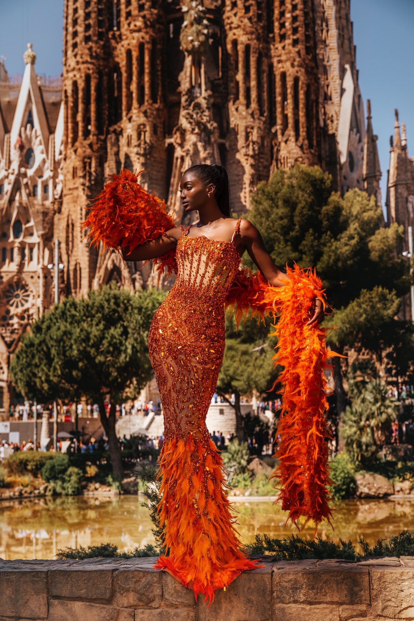 Luxury Orange Mermaid Evening Dress Feather | Designer Gowns D&D Clothing Luxury Orange Mermaid Evening Dress Feather | Designer Gowns D&D Clothing