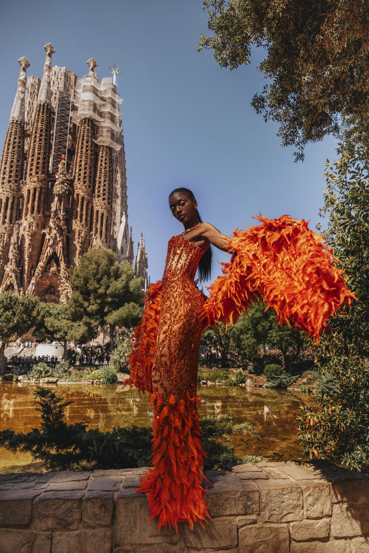 orange dress with feathers Luxury Mermaid Evening Feather Size:18.5 - XXL Hangover2025Tees Please hang this style Zipper Tennis Dress with