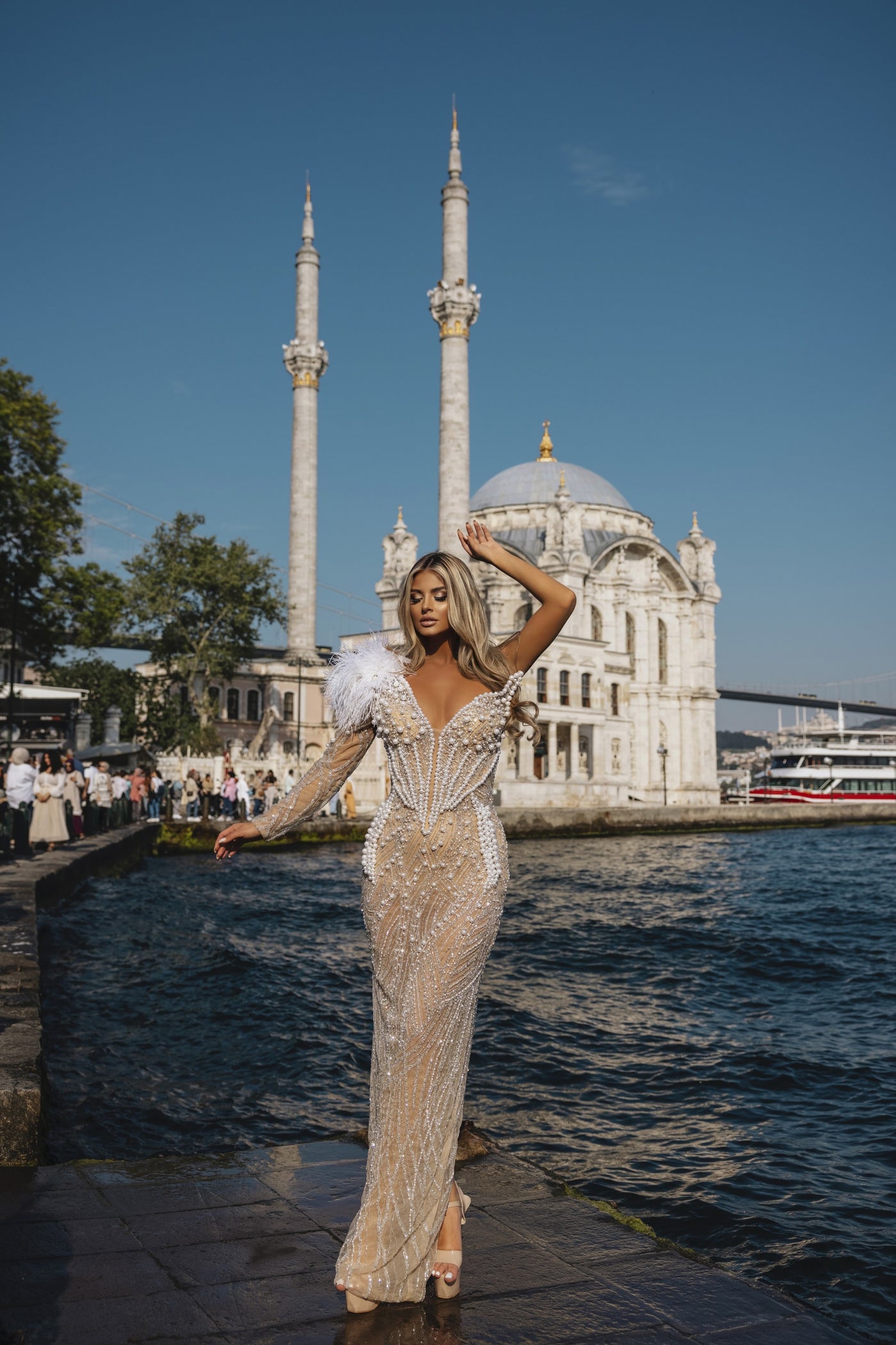 Luxury White One Shoulder Evening Dress With Pearls | Designer Gowns D&D Clothing Luxury White One Shoulder Evening Dress With Pearls | Designer Gowns D&D Clothing