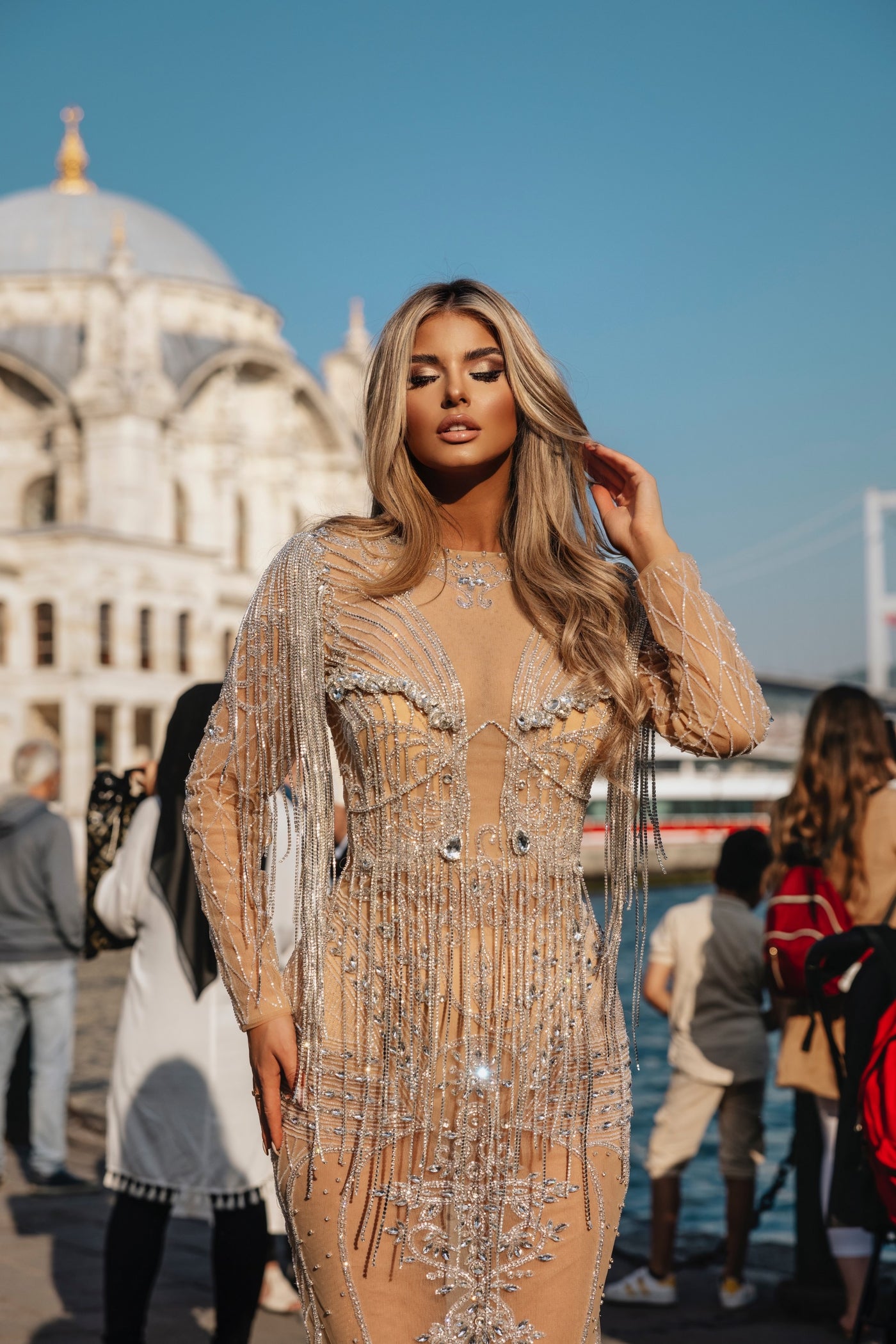 Luxury Gold Evening Dress With Stones | Designer Gowns D&D Clothing Luxury Gold Evening Dress With Stones | Designer Gowns D&D Clothing