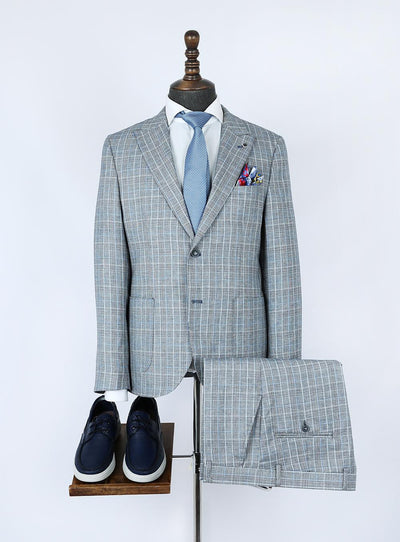 Grey Checked Pure Linen Men Summer Suit