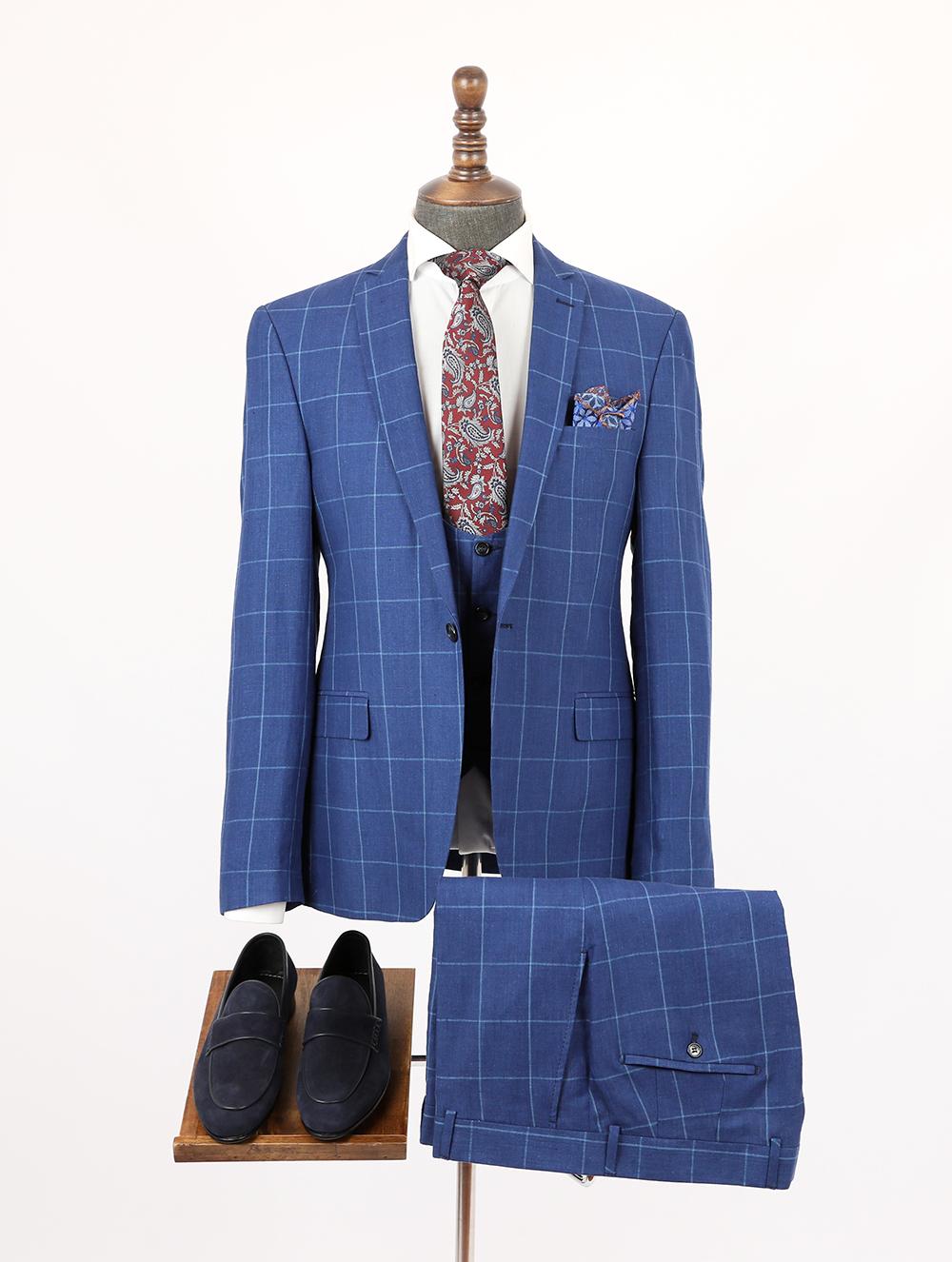 Sky Blue Pure Linen Men Summer Suit
