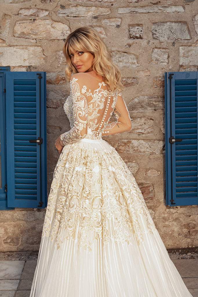 long sleeve wedding dress detachable skirt Wedding Dress Laced with Detachable Skirt
