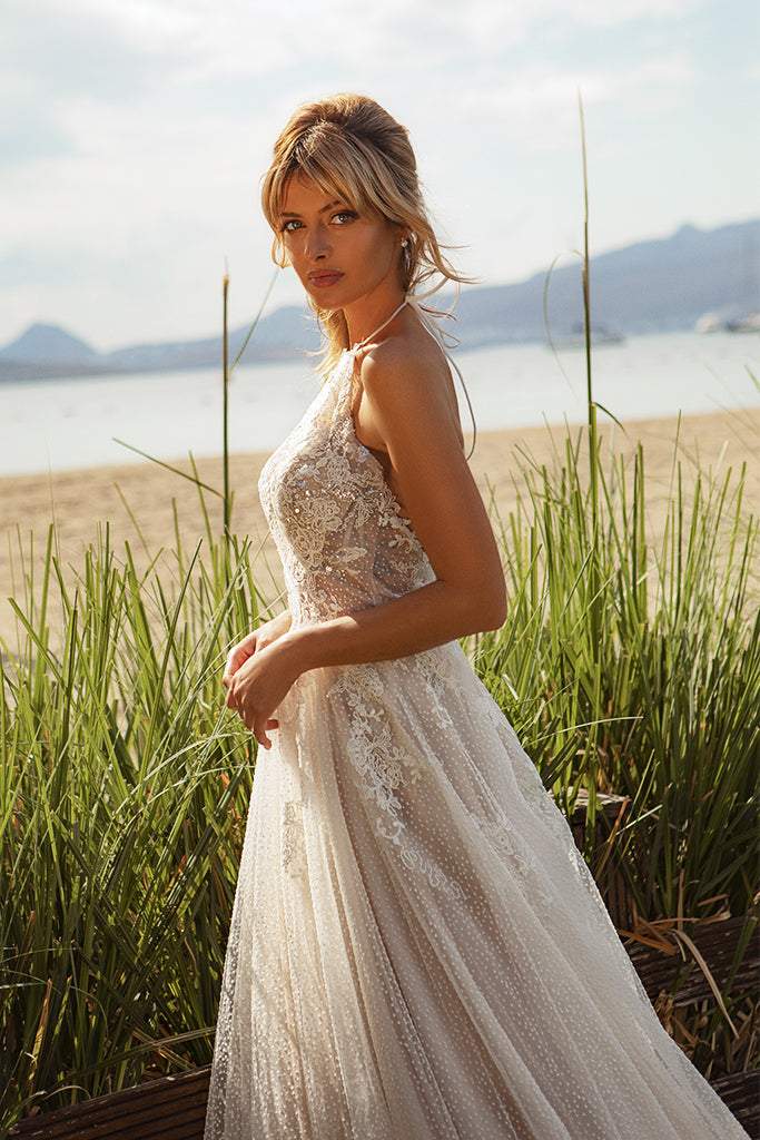 white christmas dresses Ivory Satin A-Line Wedding Dress with High Slit & Chapel Train – MS130 –  Viniodress
