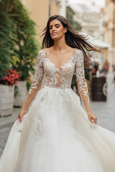 Engagement Weddings Gown Beautiful A-Line V-Neck Lace Appliques Tulle Wedding Dress With Long Sleeves Engagement Weddings Gown Beautiful A-Line V-Neck Lace Appliques Tulle Wedding Dress With Long Sleeves