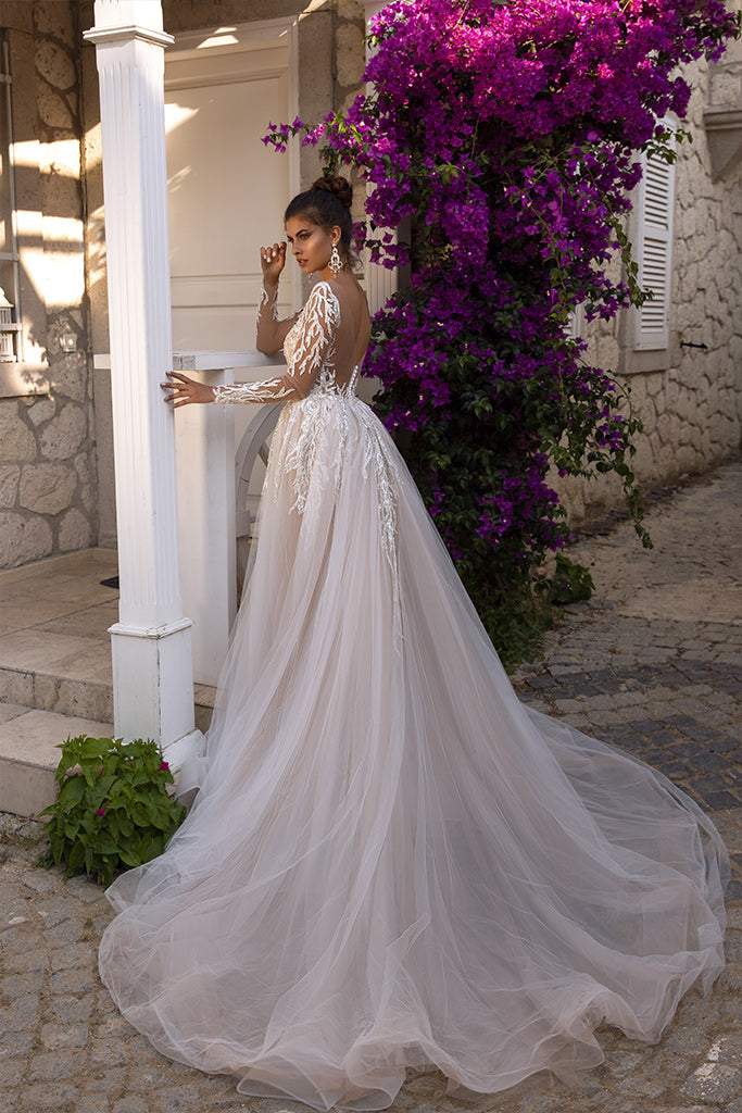 Wedding Dress With Shiny Lace Detachable Skirt-danddclothing-Classic Elegant Gowns,Detachable,Royal Wedding Dresses,White