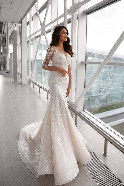 Modest White Wedding Dress-danddclothing-Classic Elegant Gowns,Mermaid,Royal Wedding Dresses,White