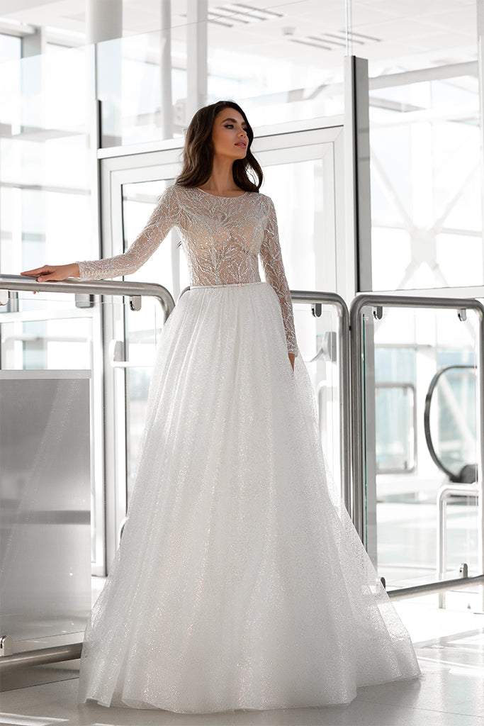 Wonderful Dazzling Pearl Wedding Dress-danddclothing-A-line,Classic Elegant Gowns,Royal Wedding Dresses,White