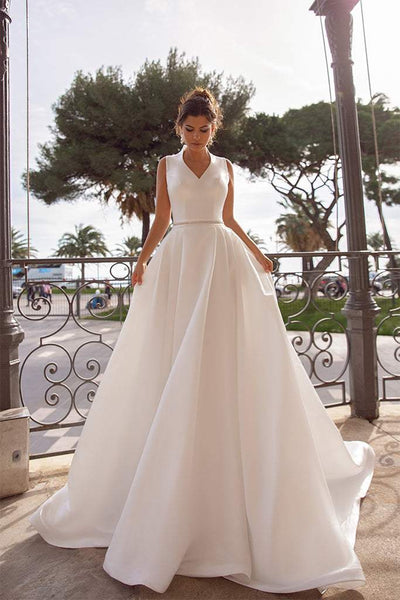 Satin Ball Gown With Pearls-danddclothing-Ball Gown,Classic Elegant Gowns,Royal Wedding Dresses,White
