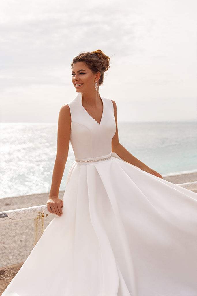 pearl satin wedding dress Satin Princess A-Line Wedding Dress Boat Neckline, Illusion Deep-V Pearl Bodice Cathedral Train 8