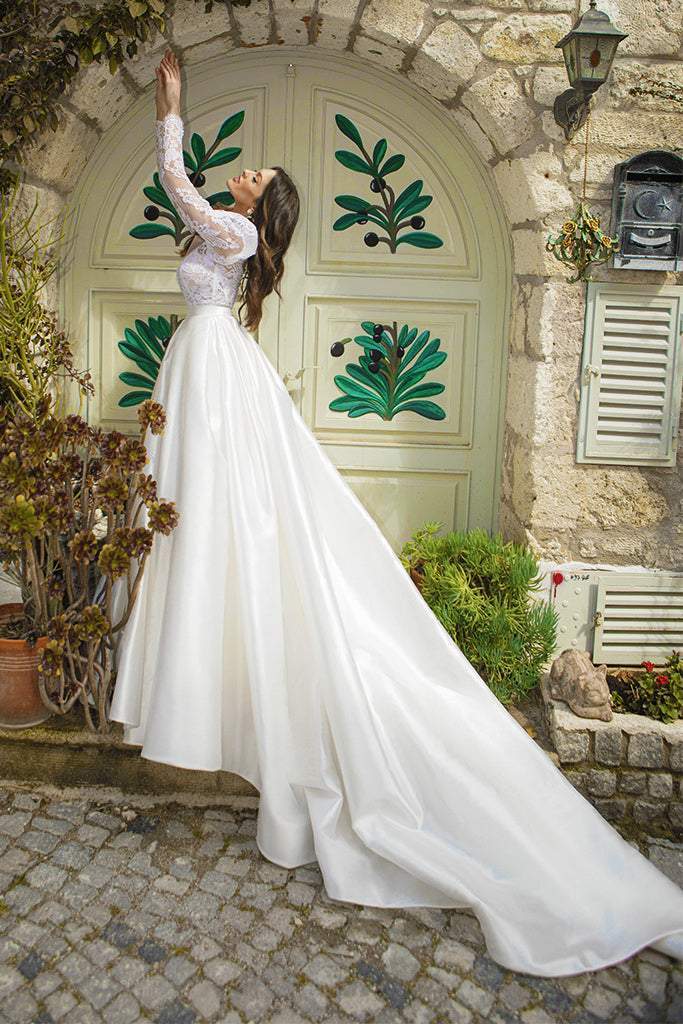 Wedding Dress With Satin Train-danddclothing-A-line,Ball Gown,Classic Elegant Gowns,Royal Wedding Dresses,White
