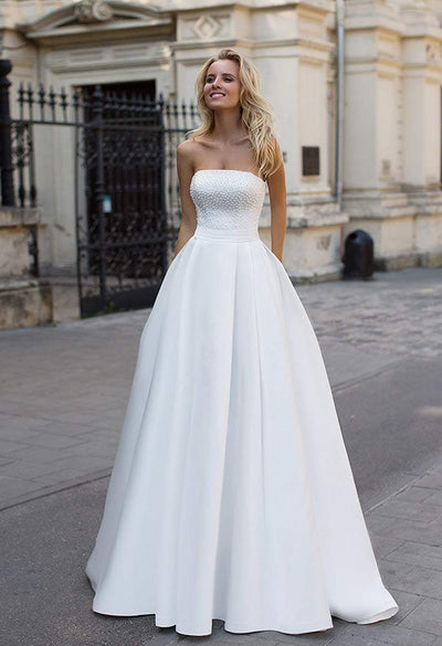 Wedding Dress With Pearls-danddclothing-A-line,Classic Elegant Gowns,Royal Wedding Dresses,White