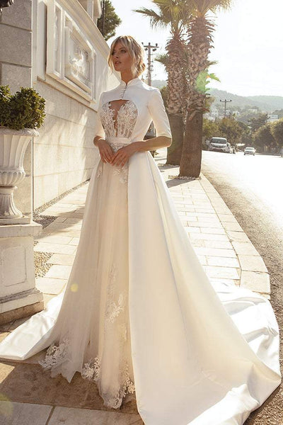 Wedding Dress Off White With Cape-danddclothing-A-line,Classic Elegant Gowns,Detachable,Royal Wedding Dresses,White