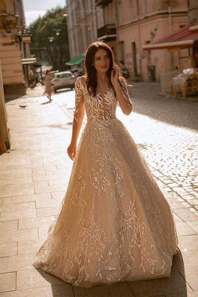Beautiful Tan Wedding Dress-danddclothing-A-line,Classic Elegant Gowns,Royal Wedding Dresses,White