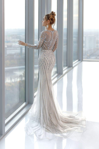 Silver Shiny Dress With Lace-Classic Elegant Gowns,Evening Dresses,Long,Mermaid,Royal Wedding Dresses,Silver