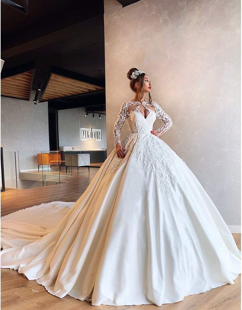 White Ball Gown With Lace-Ball Gown,Classic Elegant Gowns,Royal Wedding Dresses,White