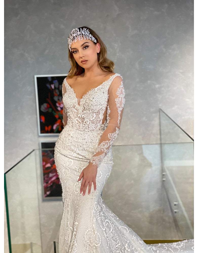 Mermaid Wedding Dress with Long Trail XL / White / Lace