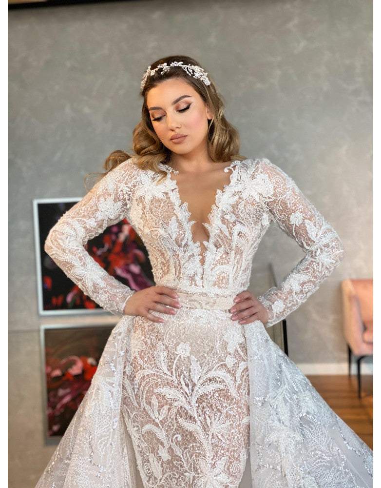Wedding Gown With Lace With Removable Skirt XXXL / White / Lace Wedding Gown With Lace With Removable Skirt XXXL / White / Lace