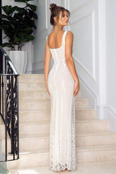 WHITE COTTON EVENING DRESS-danddclothing-Classic Elegant Gowns,Evening Dresses,Long