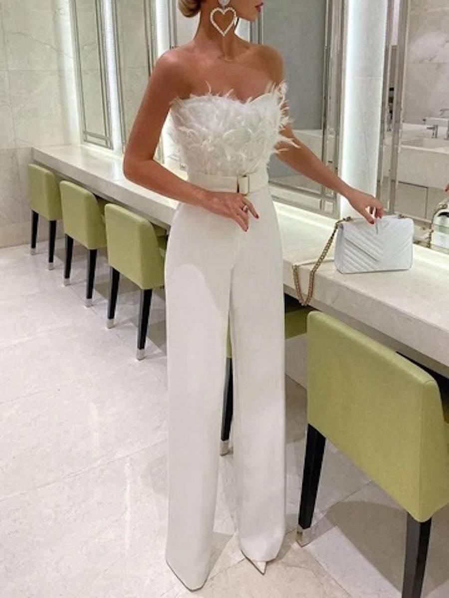 White Sleeveless Strapless Feather Trim Party Jumpsuit with Belted Waist Glamorous Wide Leg Evening Outfit(White/2XL)