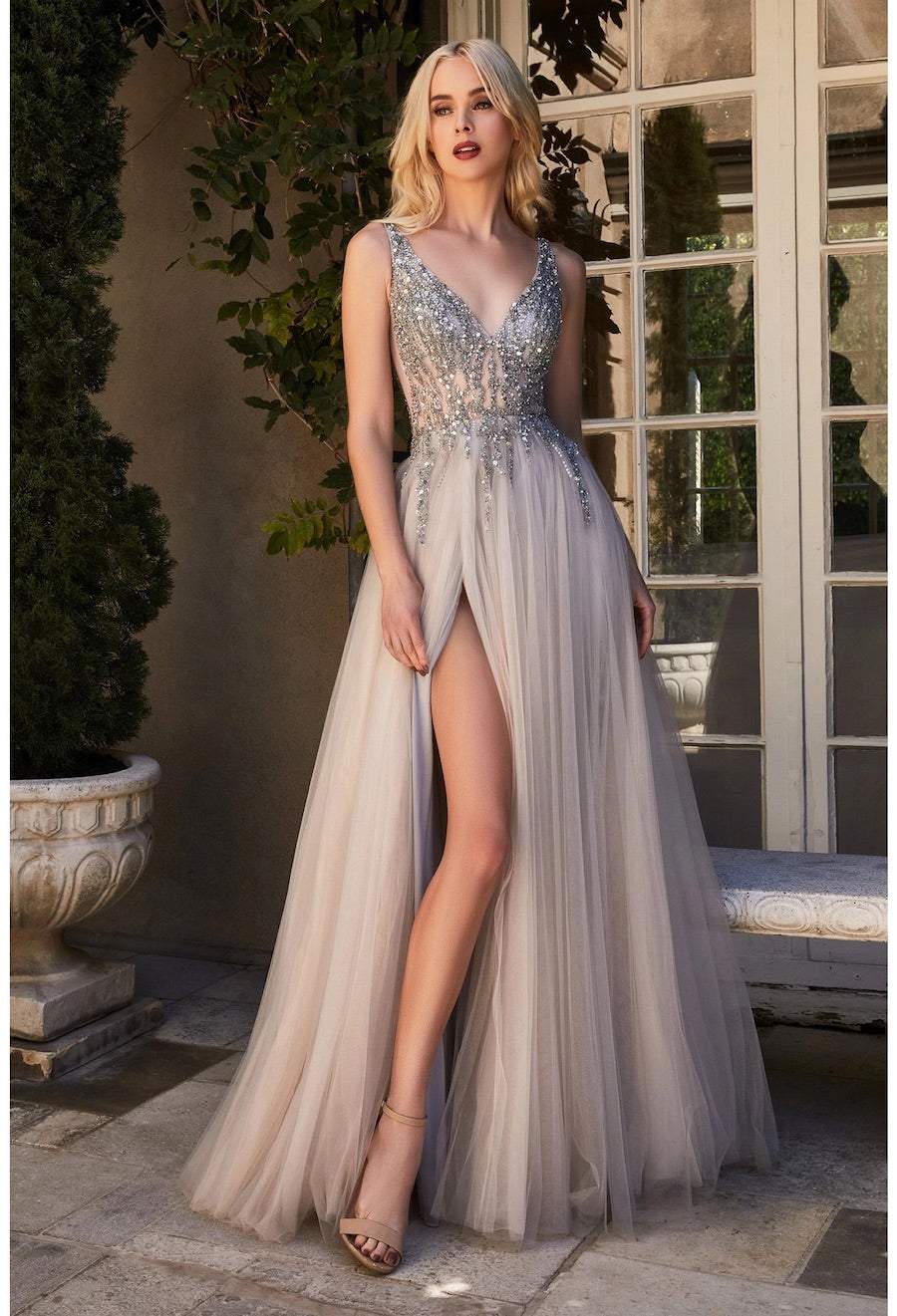 Monk Silver Evening Dress-danddclothing-Classic Elegant Gowns,Evening Dresses,Long