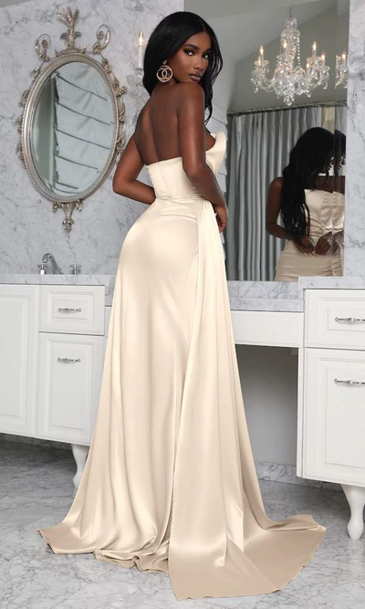 Slim Crème Evening Dress-danddclothing-Classic Elegant Gowns,Evening Dresses,Long